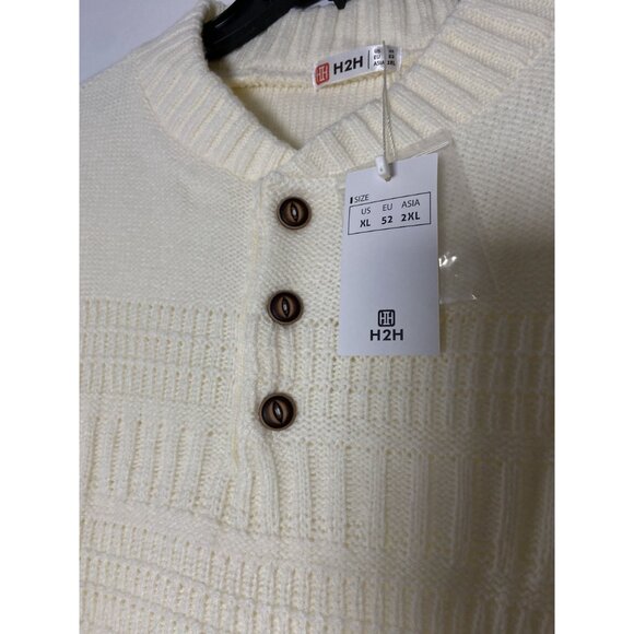 H2H Men's Ivory Knit Sweater Pullover Size XL Button Neck 100% Acrylic - Picture 3 of 10